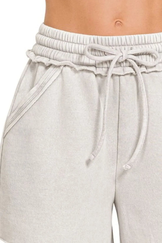 Zenana Acid Wash Fleece Drawstring Womens Shorts With Pockets