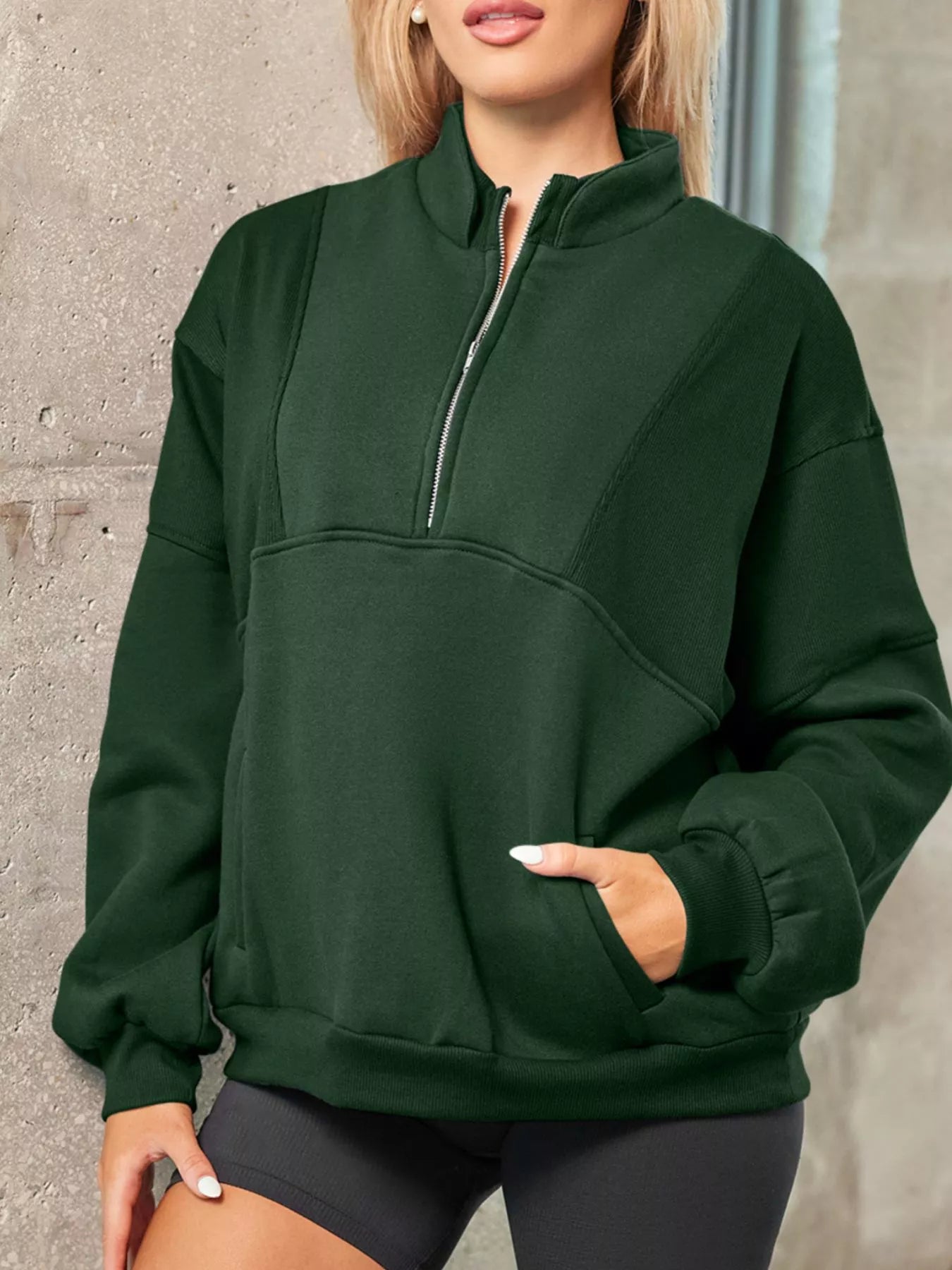 Half Zip Stand Collar Exposed Seam Solid Color Casual Sweatshirt