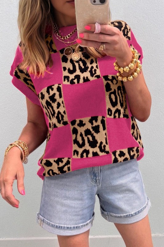 Leopard Checker Short Sleeve Knit Sweater