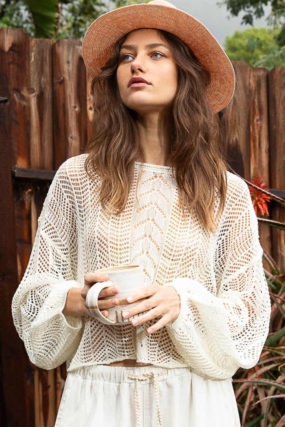 POL Clothing Openwork Balloon Sleeve Knit Womens Cover Up