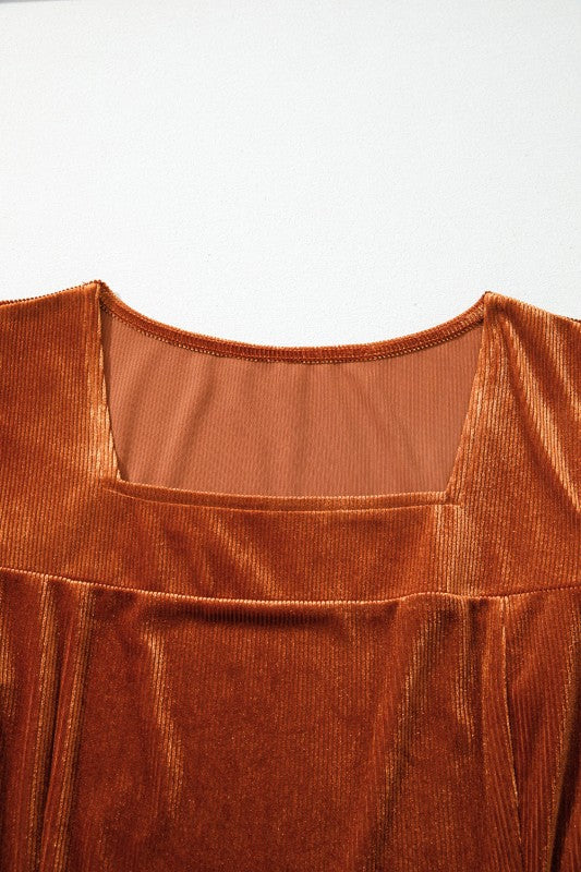 Velvet Ribbed Square Neck Puff Sleeve Top