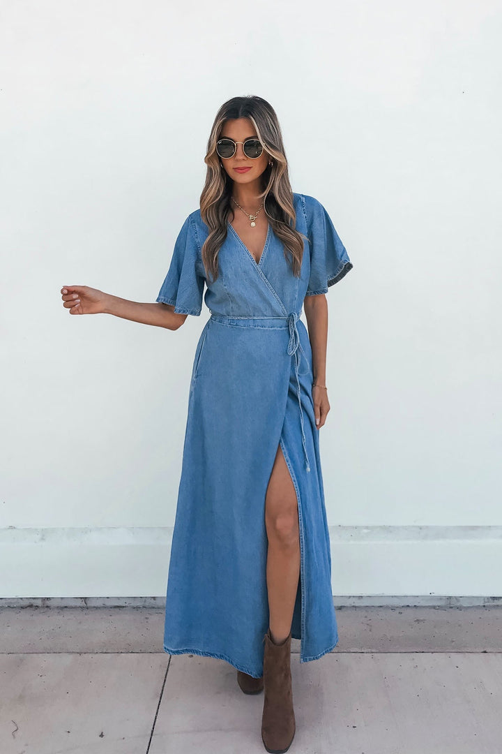 Denim Wrapped Front Maxi Dress - FINAL SALE