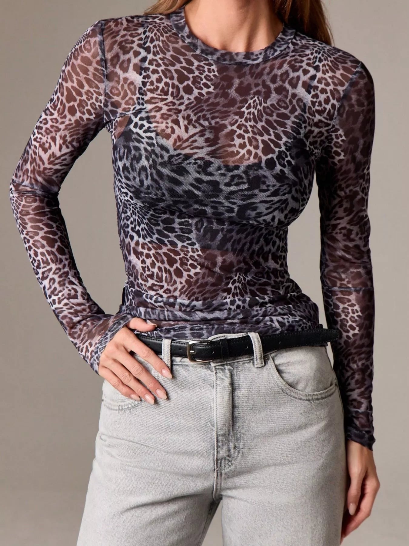 Sheer Leopard Print Long Sleeve Top