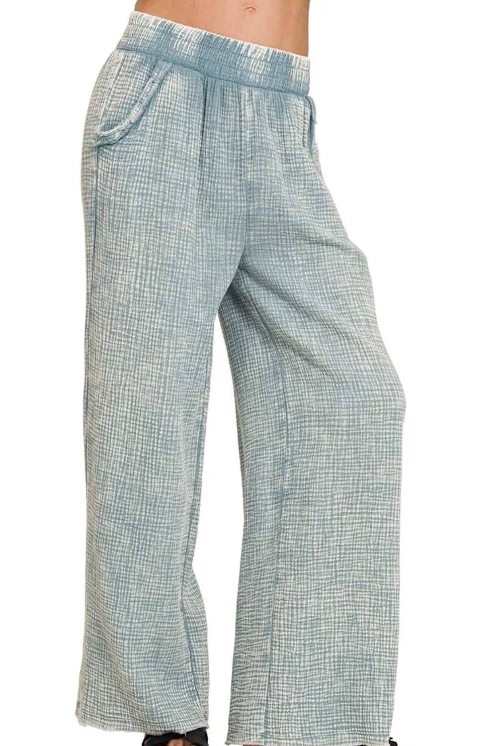 Zenana Washed Double Gauze Elastic Band Waist Womens Pants