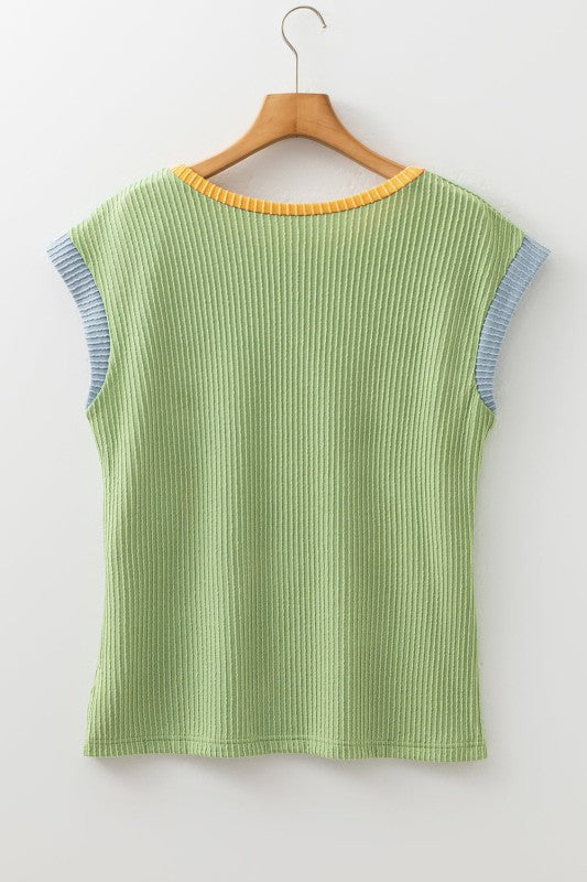 Colorblock Corded Knit Crew Neck Tee