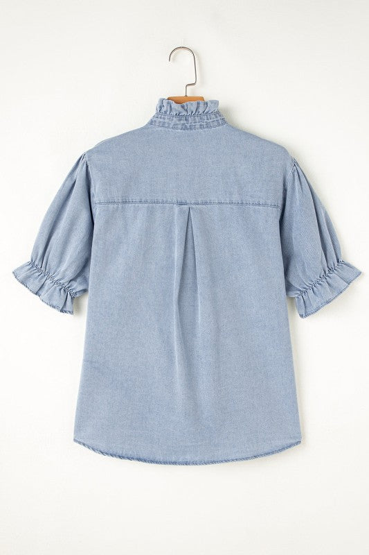 Chambray Ruffle Short Puff Sleeve Buttoned Shirt