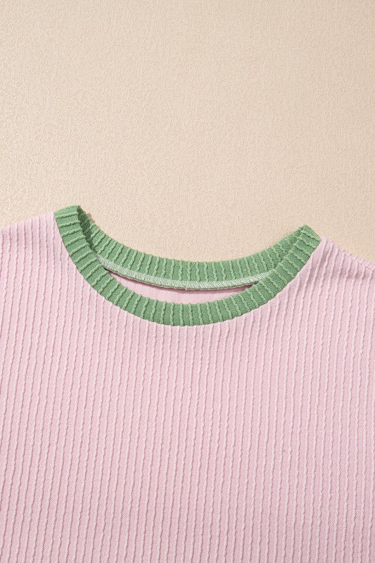 Colorblock Corded Knit Crew Neck Tee