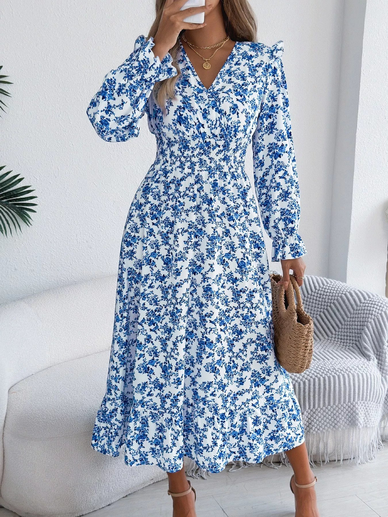 Ruffled Floral V-Neck Flounce Sleeve Dress