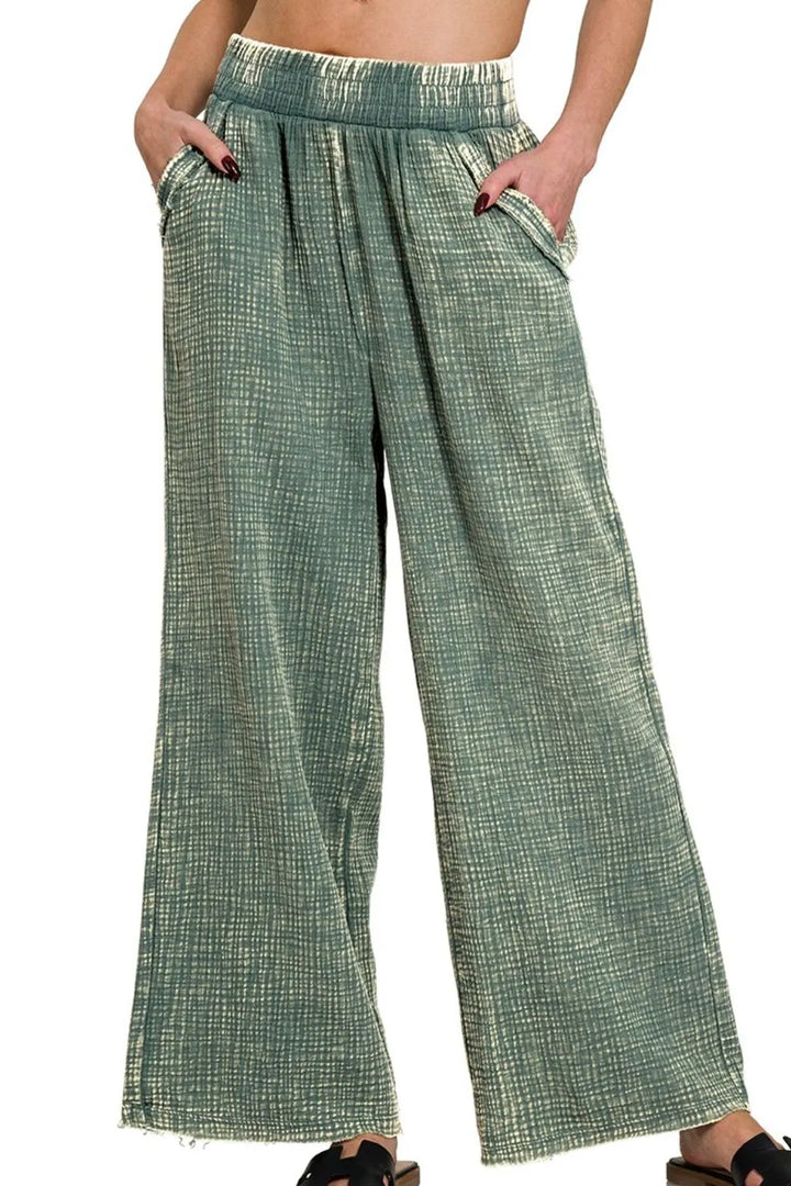 Zenana Washed Double Gauze Elastic Band Waist Womens Pants
