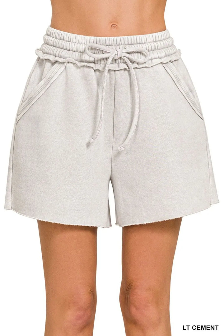 Zenana Acid Wash Fleece Drawstring Womens Shorts With Pockets
