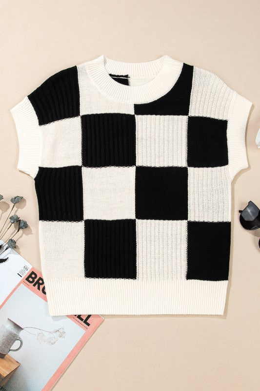 Checker Colorblock Crewneck Short Sleeve Sweater