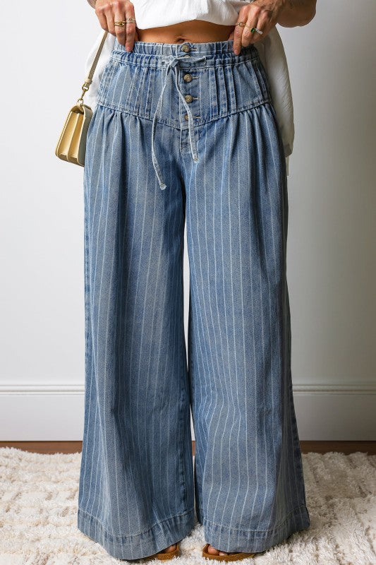Stripe Buttoned High Waist Pleated Wide Leg Jeans