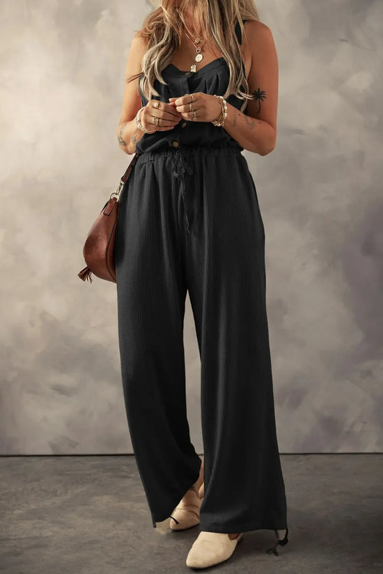 Knotted Straps Button Textured Drawstring Jumpsuit