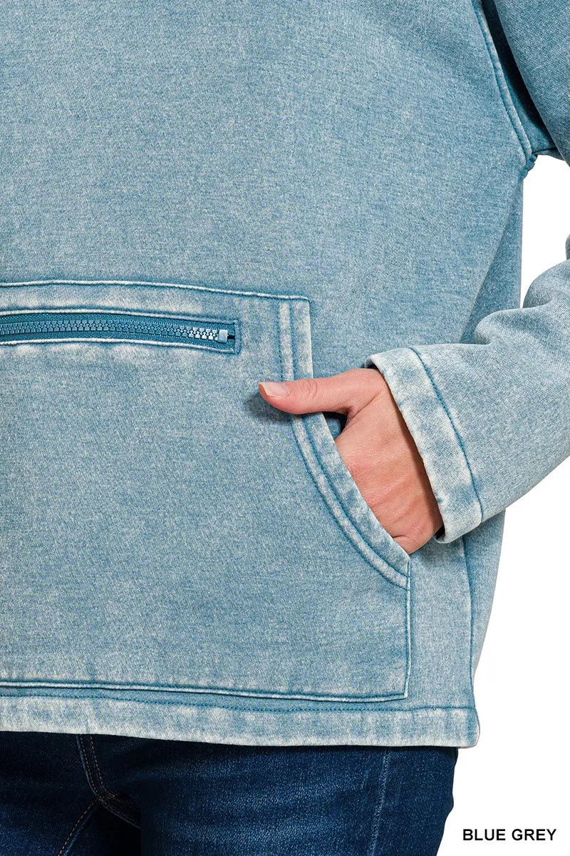 Fleece Washed High Neck Kangaroo Pocket Sweatshirt