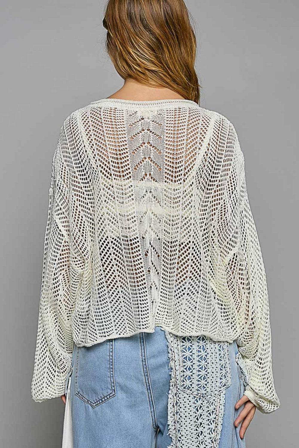 POL Clothing Openwork Balloon Sleeve Knit Womens Cover Up