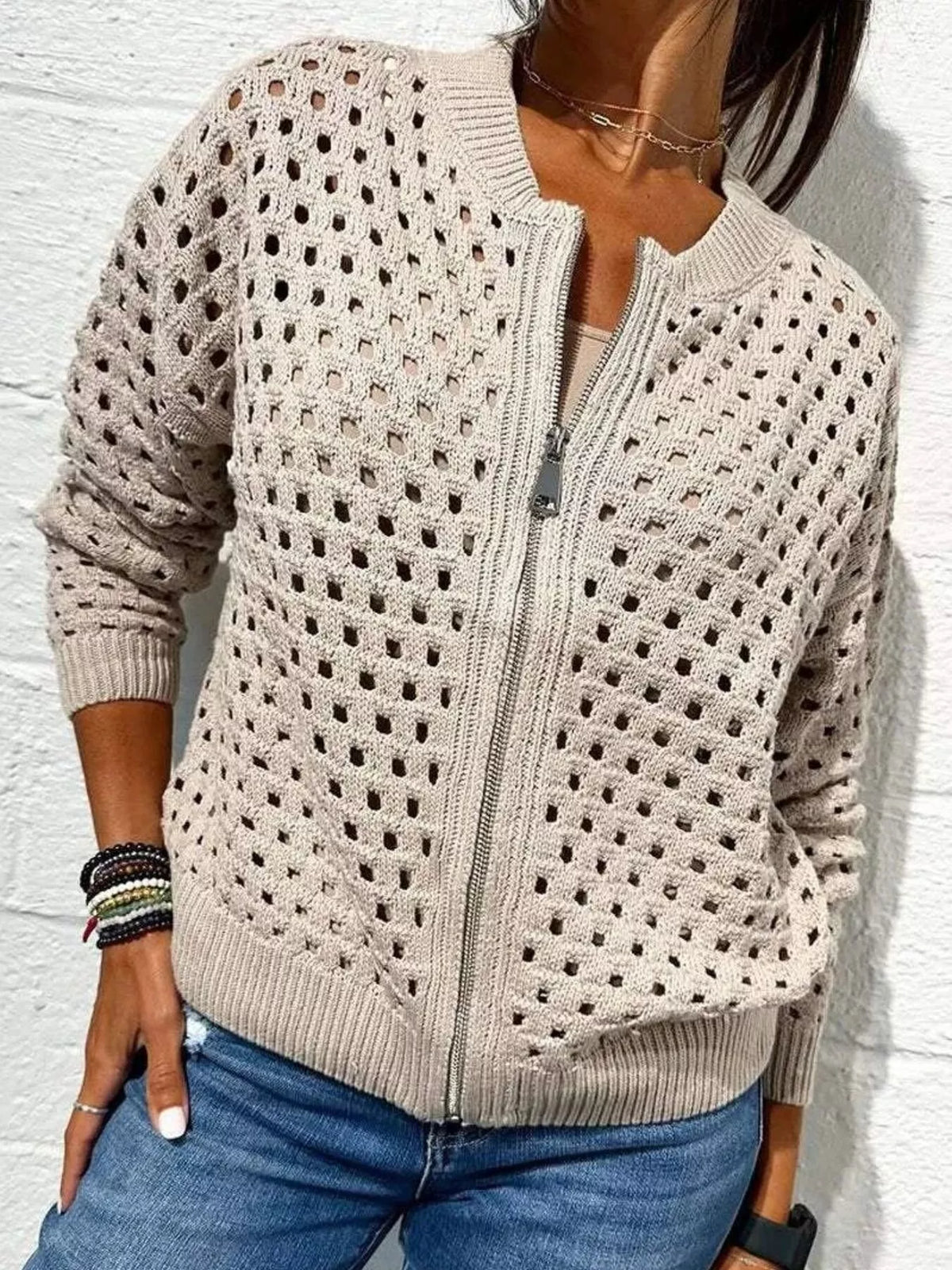 Full Size Crochet Knit Zip-Up Cardigan Plus Size