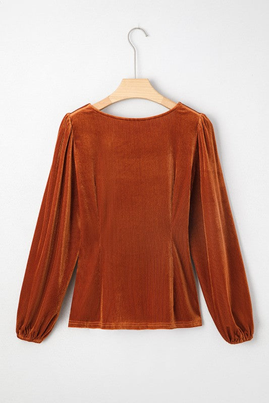 Velvet Ribbed Square Neck Puff Sleeve Top