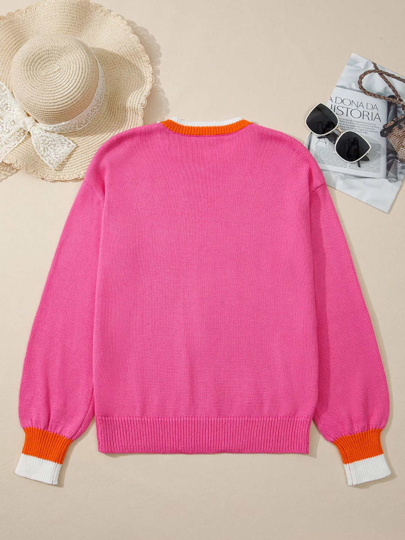 Contrast Crew Neck Pearled Decor Drop Shoulder Knit Sweater