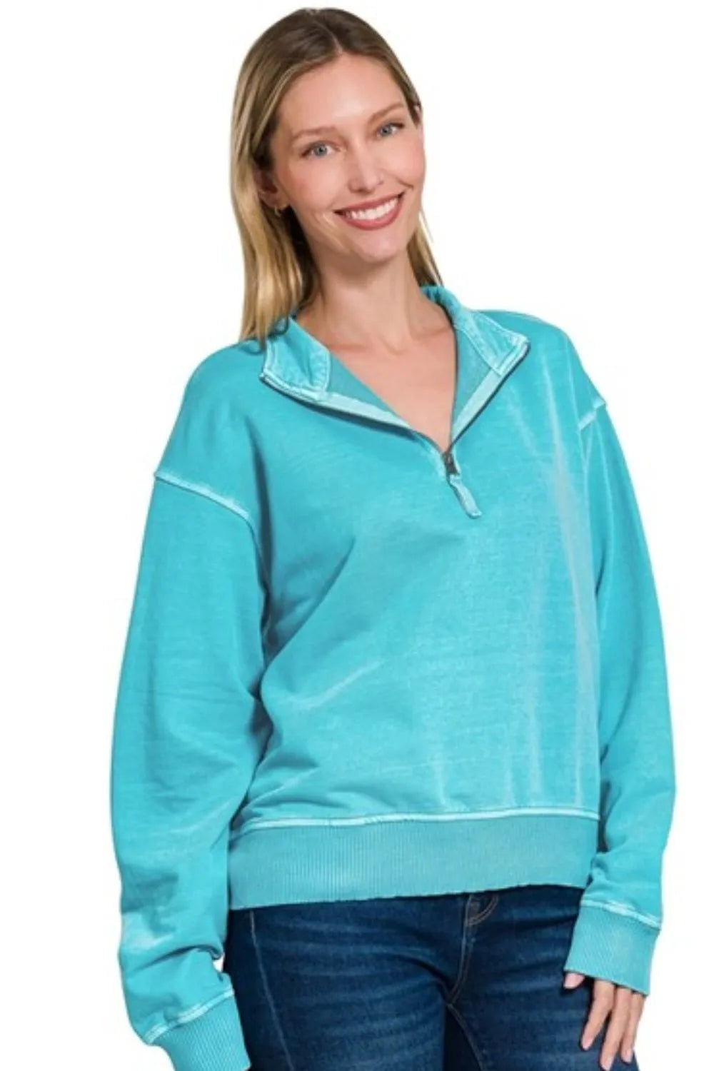 Zenana F/terry Pigment Dye & Enzyme Washing Half Zip Womens Top
