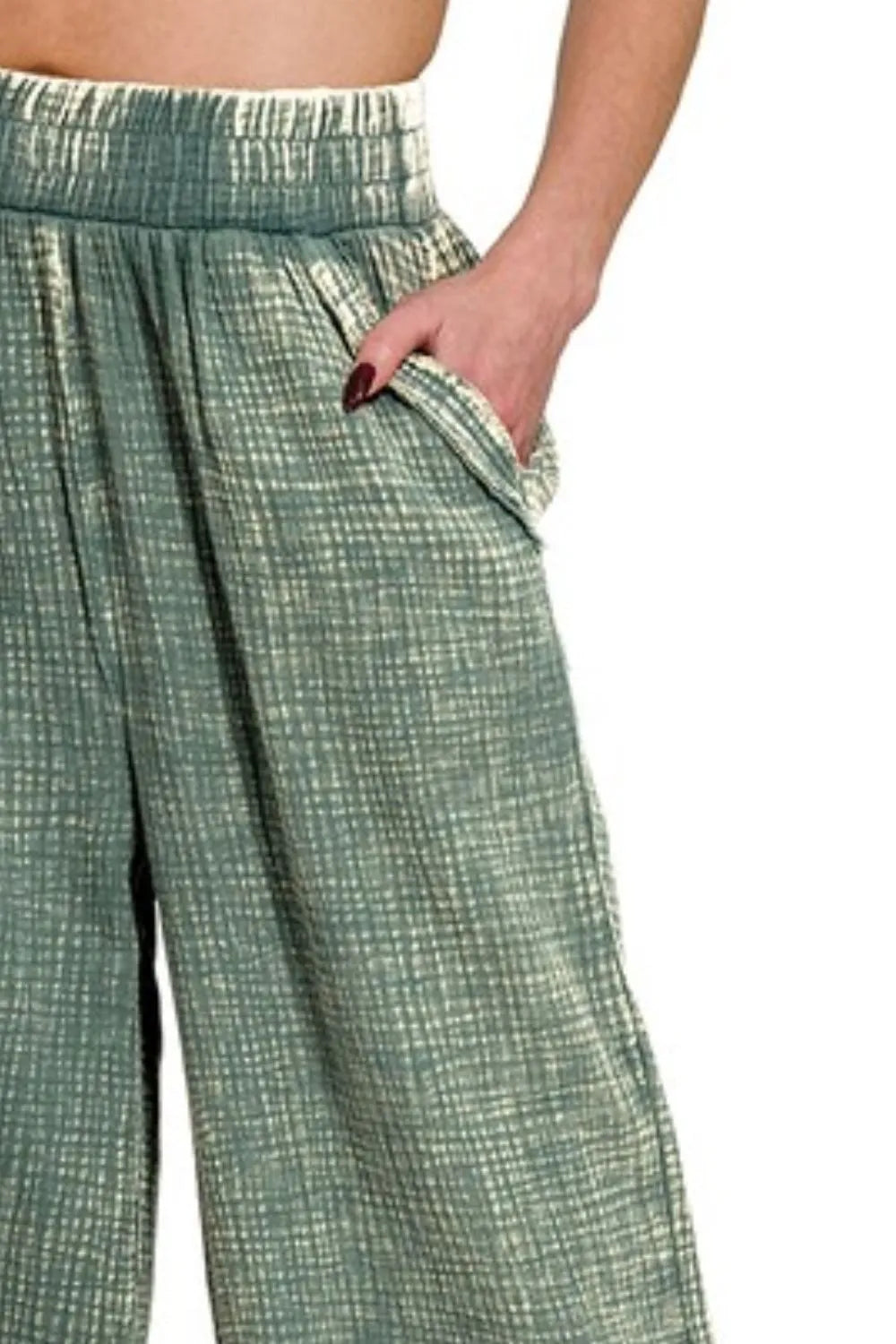 Zenana Washed Double Gauze Elastic Band Waist Womens Pants