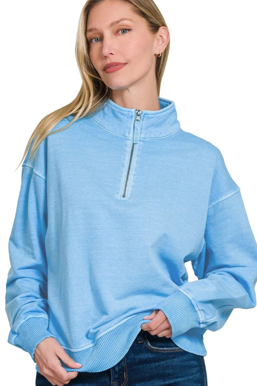 Zenana F/terry Pigment Dye & Enzyme Washing Half Zip Womens Top