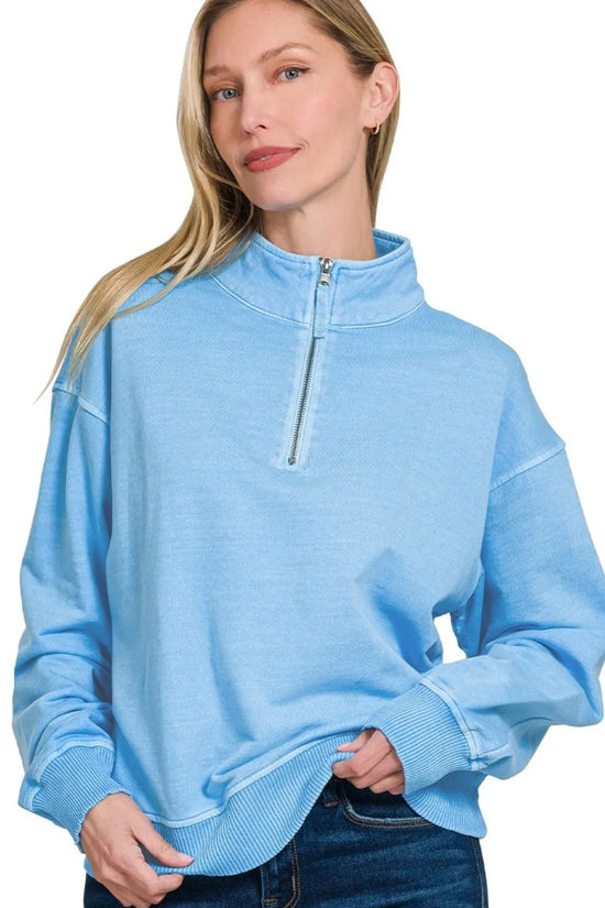 Zenana F/terry Pigment Dye & Enzyme Washing Half Zip Womens Top