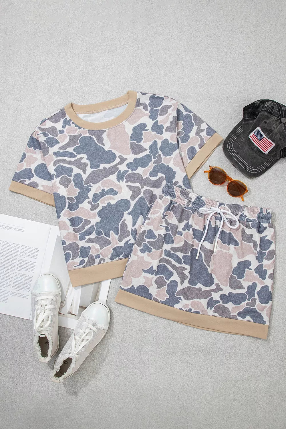 Camouflage Short Sleeve Top and Skirt Set