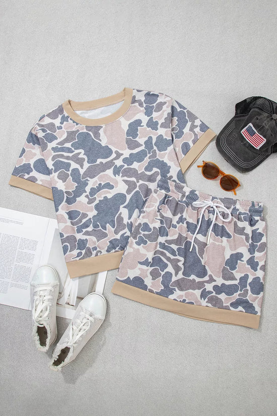 Camouflage Short Sleeve Top and Skirt Set