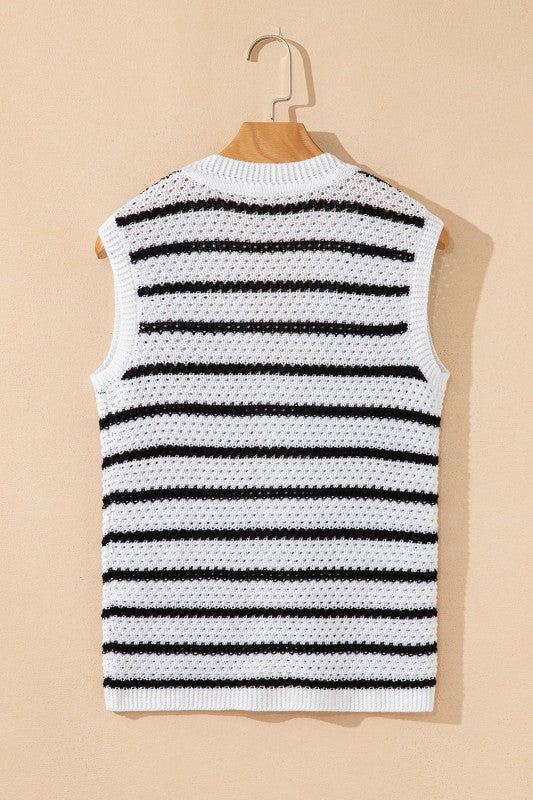 Stripe Buttoned V-Neck Sweater Knit Top