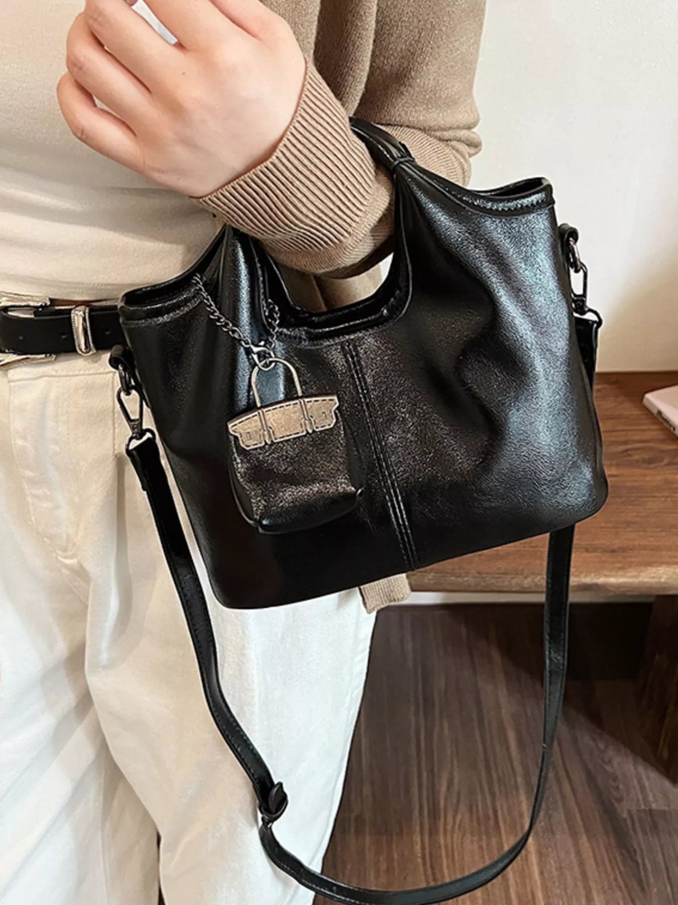 Leather Crossbody Bag with Charm