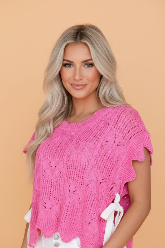 Pointelle Knit Scallop Trim Short Sleeve Sweater