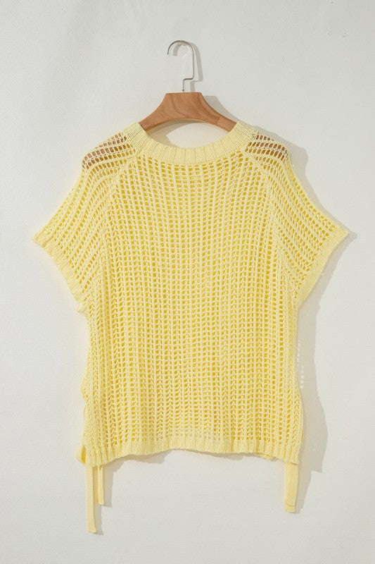 Hollow-out Crochet Tie Side Short Sleeve Sweater