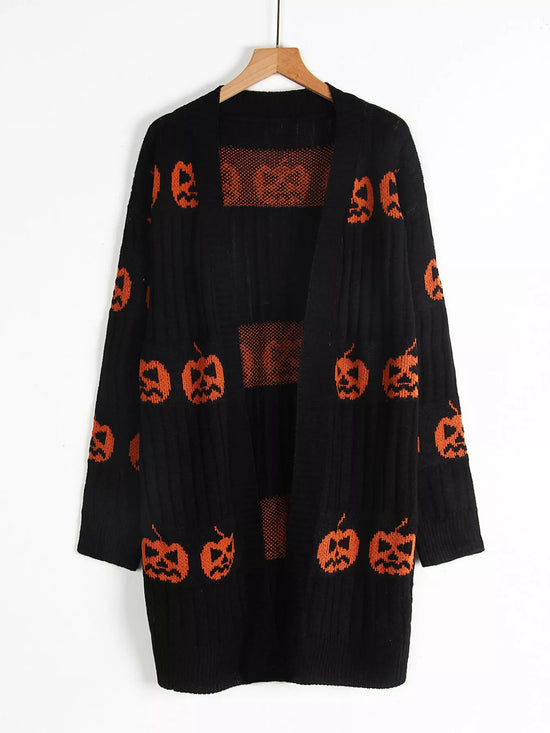Halloween Pumpkin Open Front Knit Cardigan