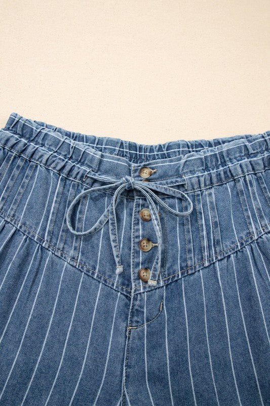Stripe Buttoned High Waist Pleated Wide Leg Jeans