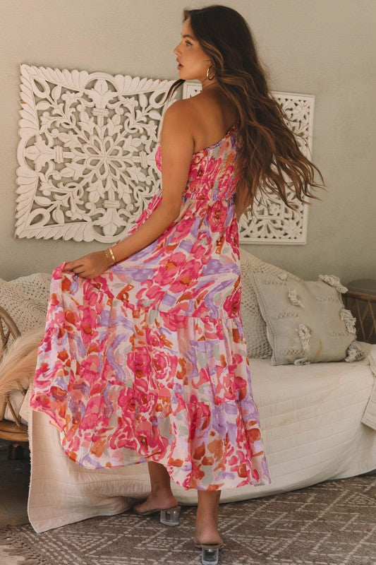 Abstract Floral One-Shoulder Shirred Maxi Dress