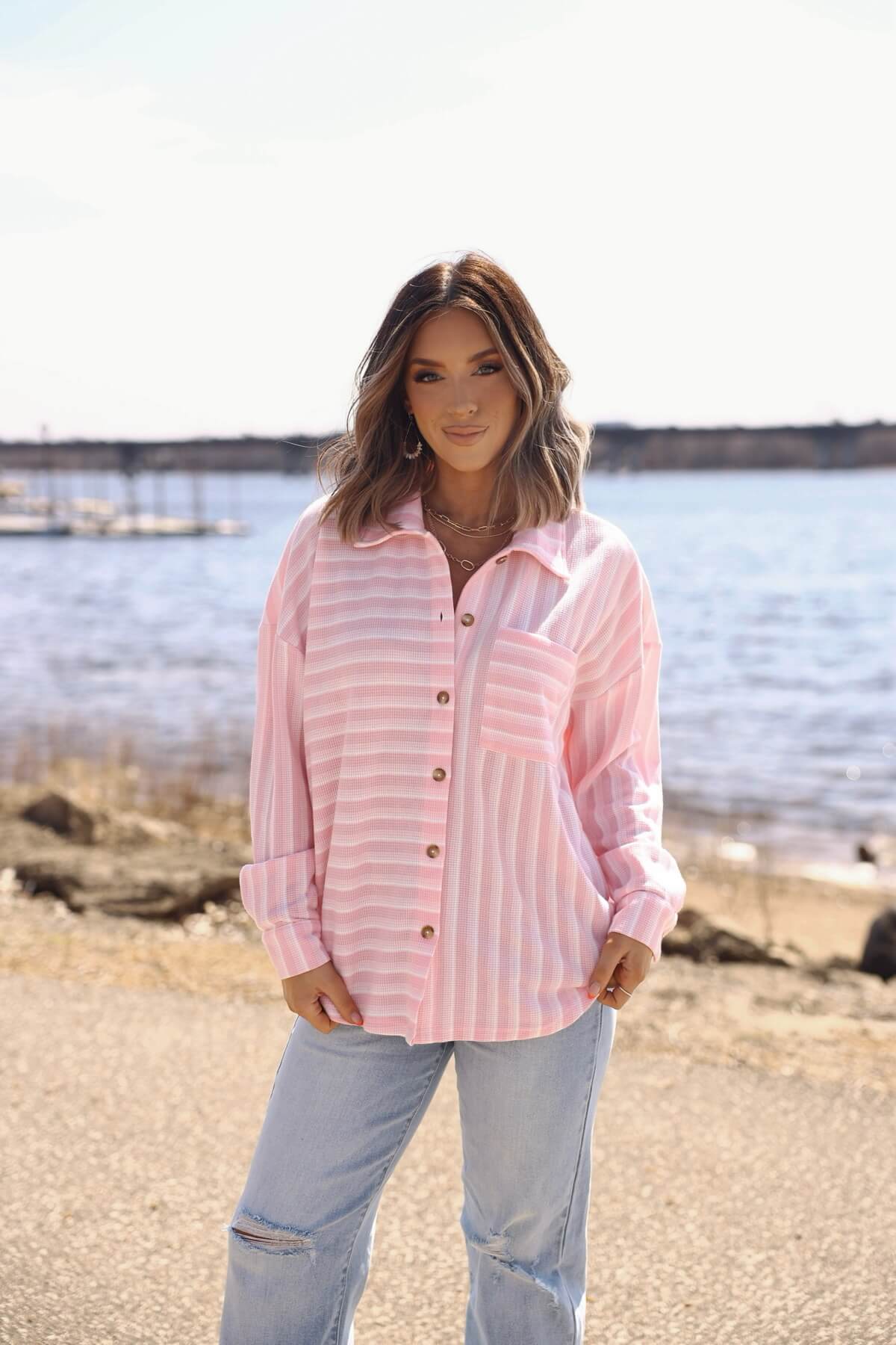 Glenn Pink and White Striped Button Down Top - FINAL SALE
