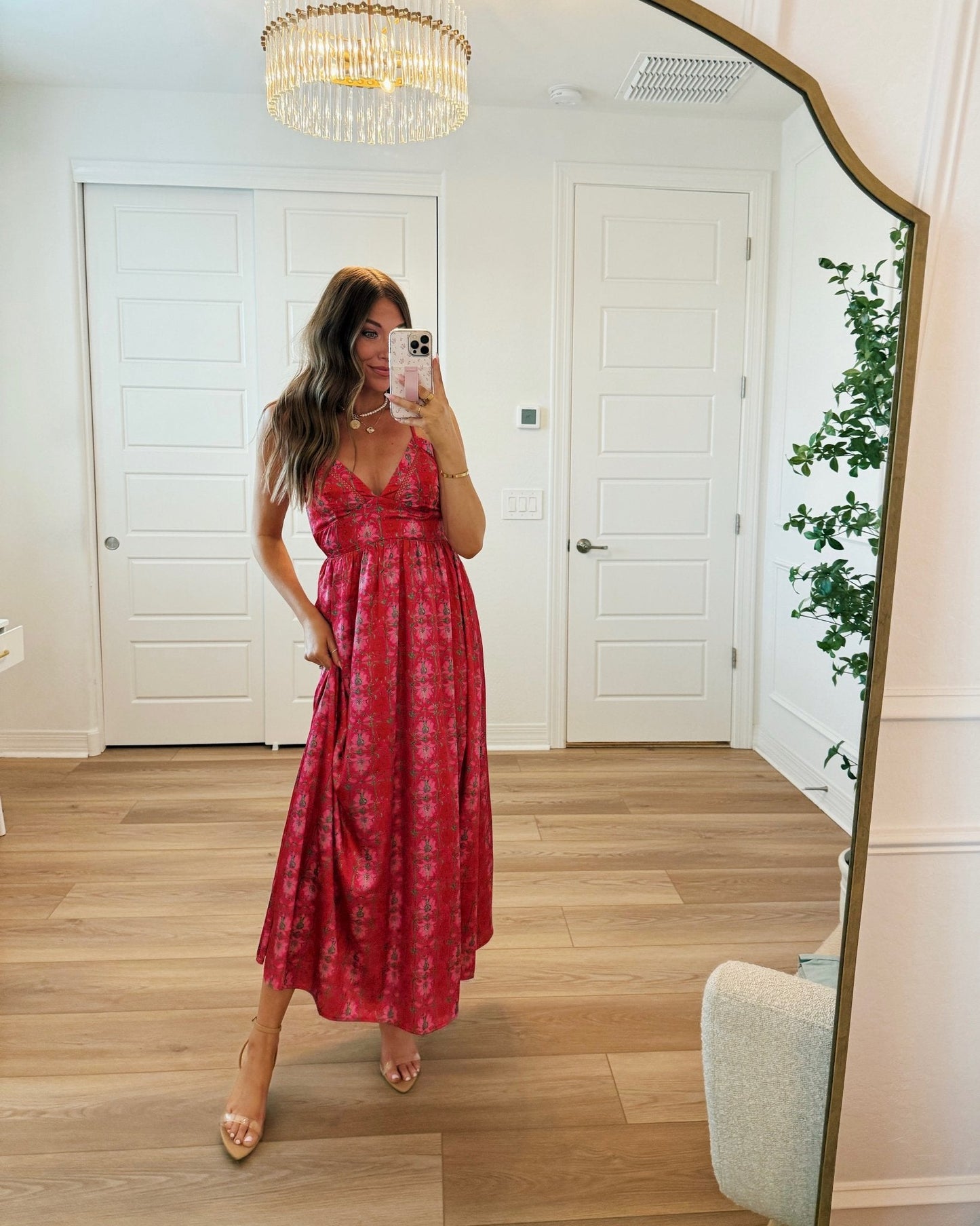 Joyful Pink Floral Satin Maxi Dress