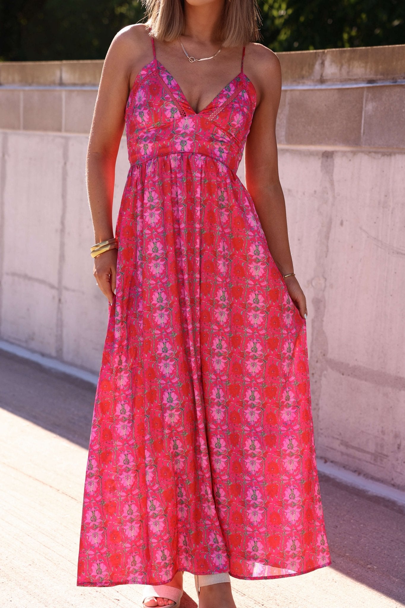 Joyful Pink Floral Satin Maxi Dress