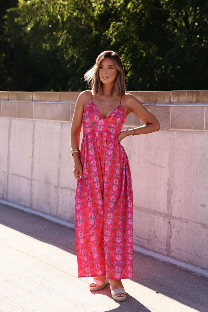 Joyful Pink Floral Satin Maxi Dress