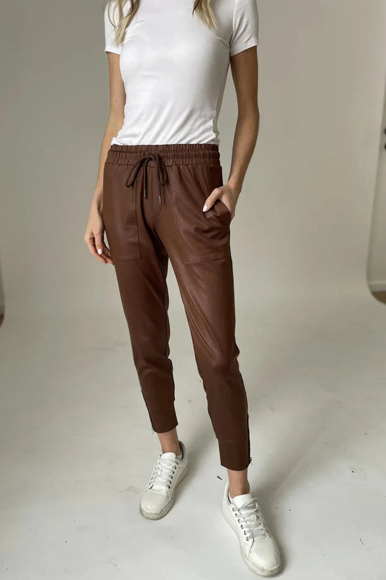SIX FIFTY | Headliner Coated Zip Jogger – Cinnamon Brown Faux Leather Pants