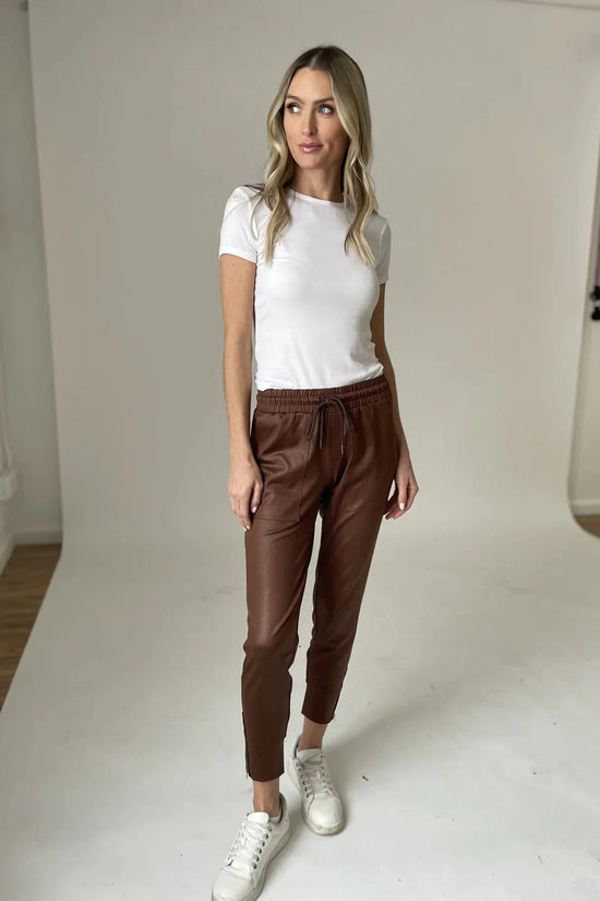 SIX FIFTY | Headliner Coated Zip Jogger – Cinnamon Brown Faux Leather Pants
