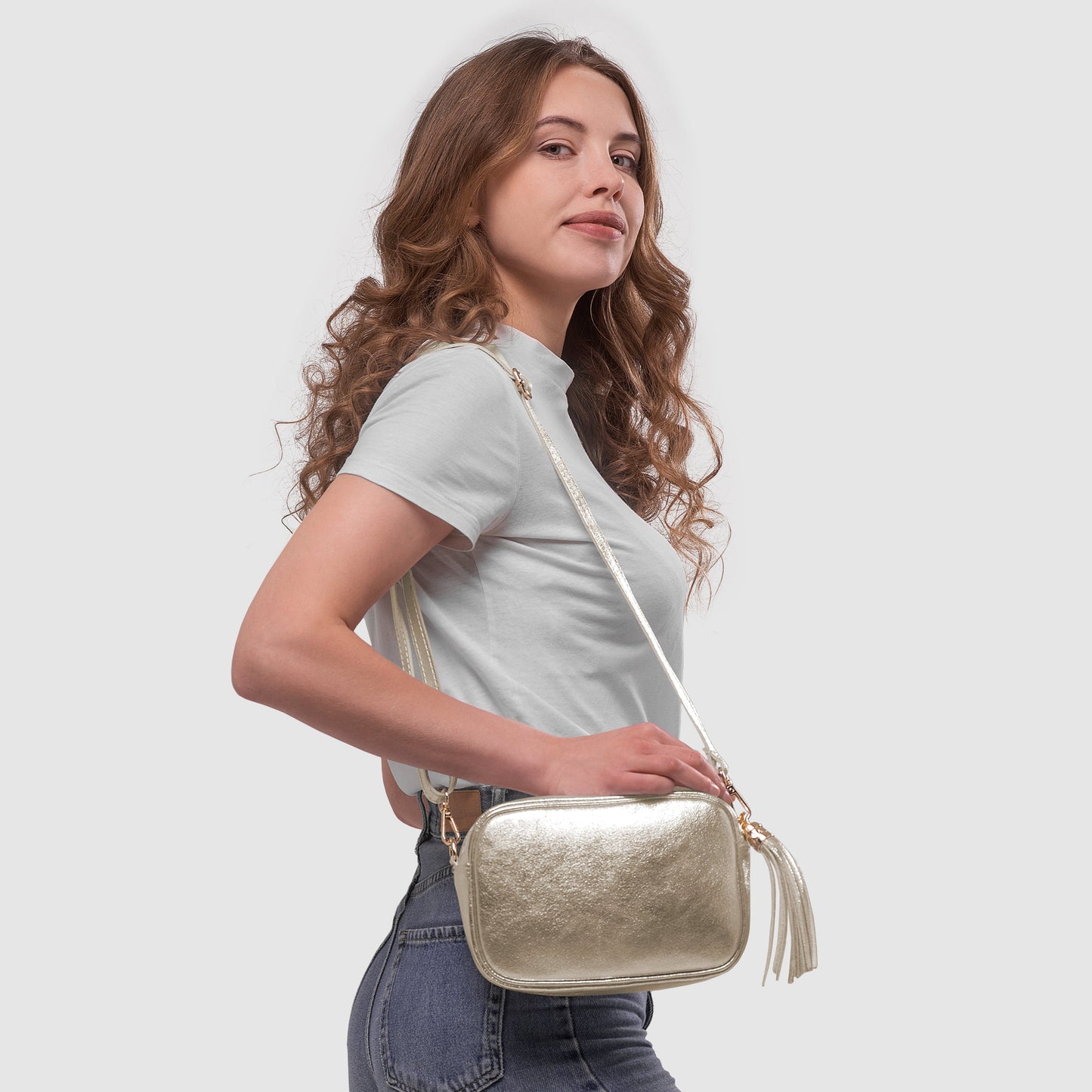Metallic Suede Leather Crossbody Bag