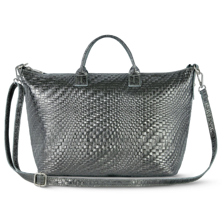 Grid Metallic Suede Leather Top-Handle Bag