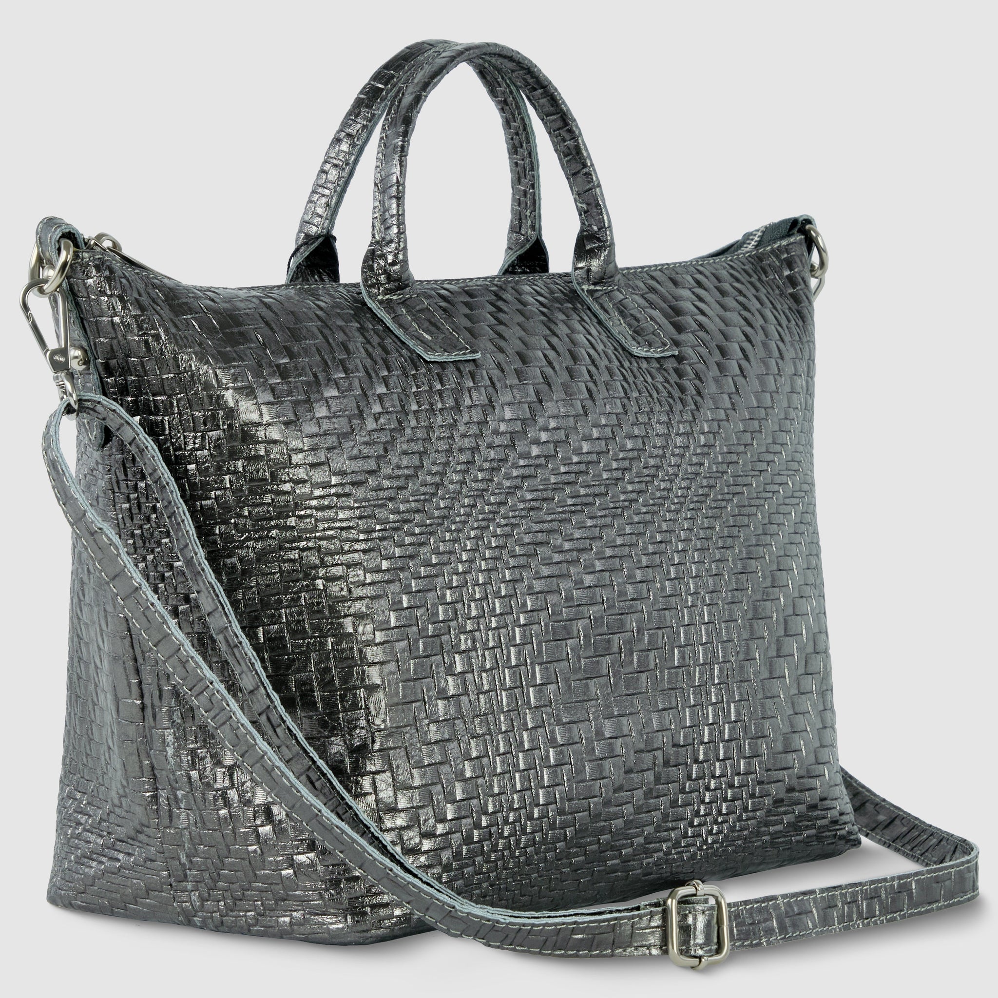 Grid Metallic Suede Leather Top-Handle Bag