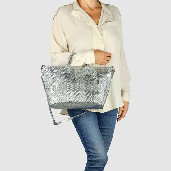 Grid Metallic Suede Leather Top-Handle Bag