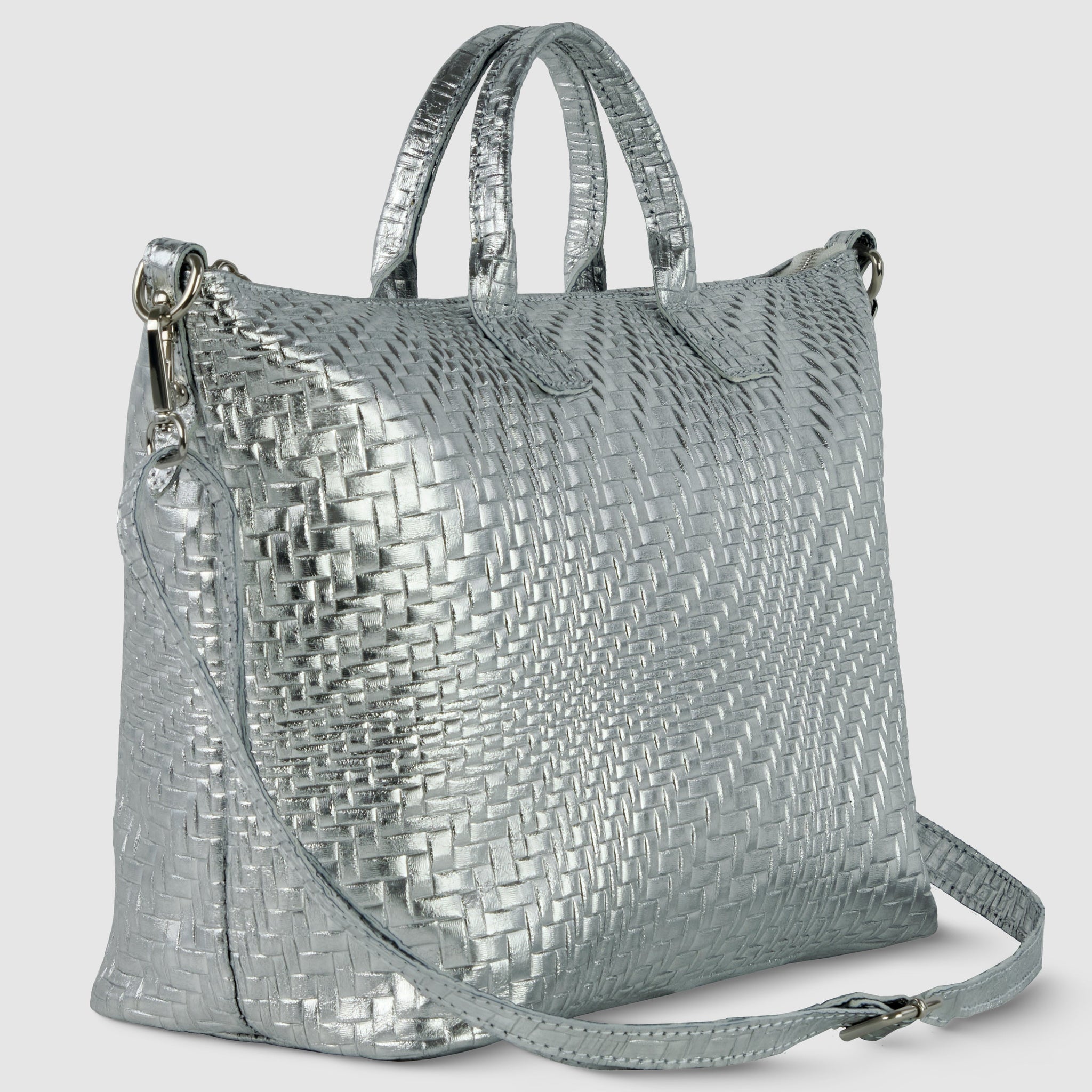 Grid Metallic Suede Leather Top-Handle Bag