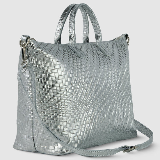 Grid Metallic Suede Leather Top-Handle Bag