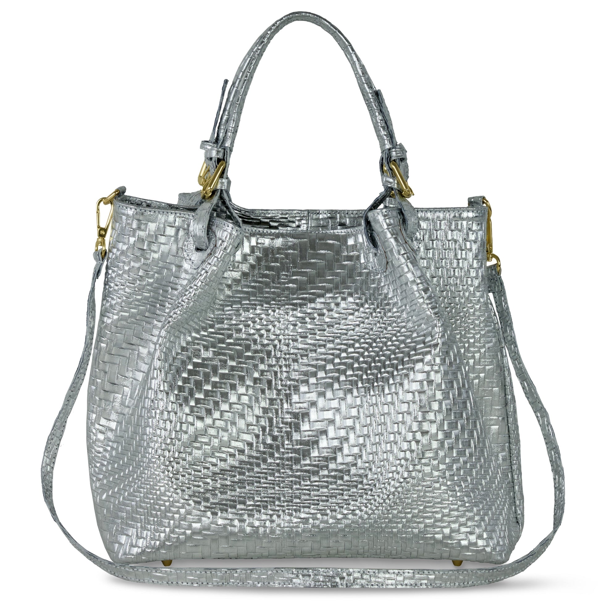 Grid Metallic Suede Leather Top-Handle Bag