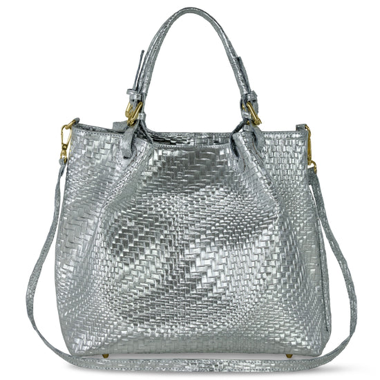 Grid Metallic Suede Leather Top-Handle Bag