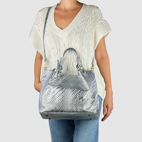 Grid Metallic Suede Leather Top-Handle Bag